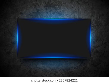 Blue neon luminous frame on dark grunge brick wall abstract background. Vector futuristic design