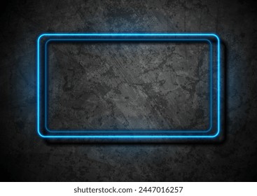 Blue neon luminous frame on dark grunge wall abstract background. Vector futuristic design