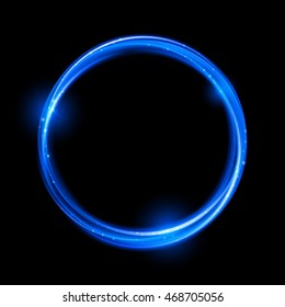 Blue neon magic glowing light. Glow swirl effect wave. Glitter magic sparkle swirl trail effect on transparent background. Bokeh glitter round wave line with flying sparkling flash lights