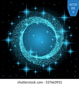 Blue neon magic glowing light. Glow swirl effect wave. Glitter magic sparkle swirl trail on transparent christmas background. Bokeh glitter round wave line of flying sparkling flash lights
