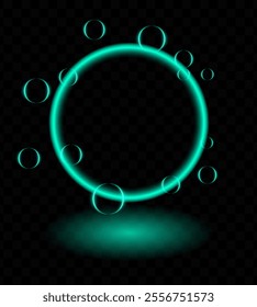 Blue neon magic ring effect. Glowing circular frame vibrant neon light, floating translucent orbs, soap bubbles, wallpaper, futuristic, tech-inspired, or decorative designs.