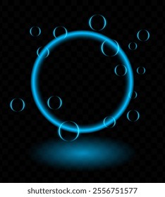 Blue neon magic ring effect. Glowing circular frame vibrant neon light, floating translucent orbs, soap bubbles, wallpaper, futuristic, tech-inspired, or decorative designs.