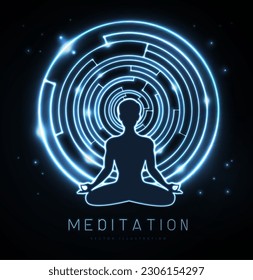 Blue neon meditating man silhouette with maze on outer space background. Vector illustration