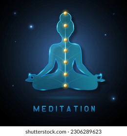 Blue neon meditating woman silhouette with open chakras on outer space background. Vector illustration