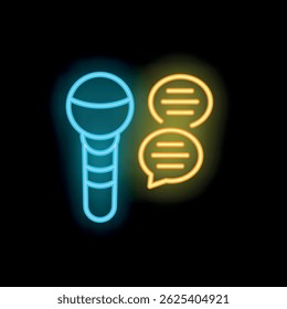 Blue neon microphone broadcasting two yellow speech bubbles on air concept