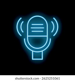 Blue neon microphone icon glowing in the dark, representing podcast, voice recording or audio message concept