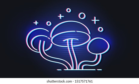 Blue Neon Mushrooms. Glowing Magic Agaric On A Black Background.