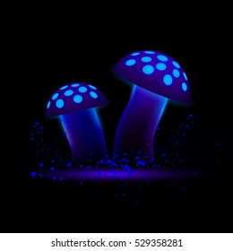 Blue neon mushrooms. Glowing magic agaric on a black background.