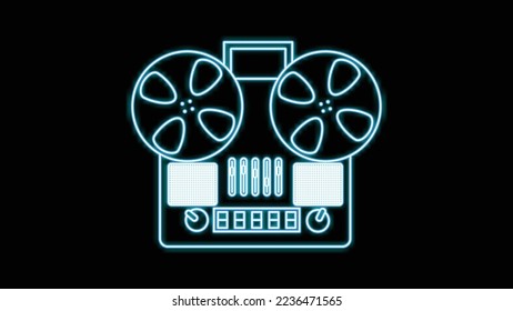 Blue neon music cassette audio tape recorder old retro hipster vintage from 70s, 80s, 90s on black background. Vector illustration
