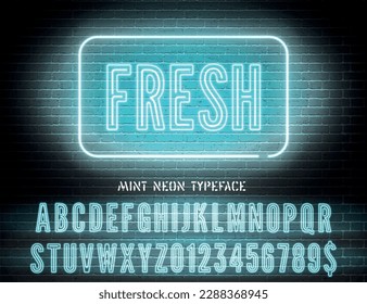 Blue neon narrow bold font and vector Fresh night light sign on brick background