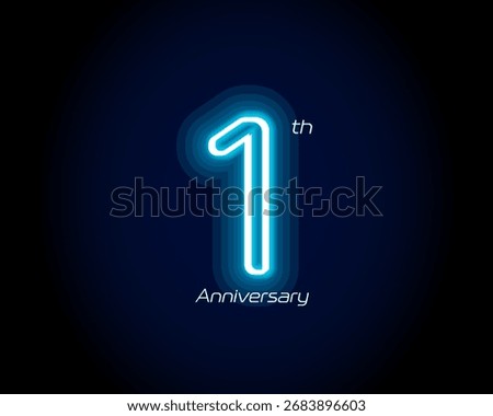 Blue neon number one year, 1 anniversary logo on black background. Shiny luminous jubilee sign for celebration emblem of cyber event party, digital startup, gambling icon. Vector illustration.