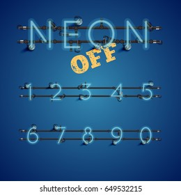 Blue neon numbers set on blue background, vector illustration