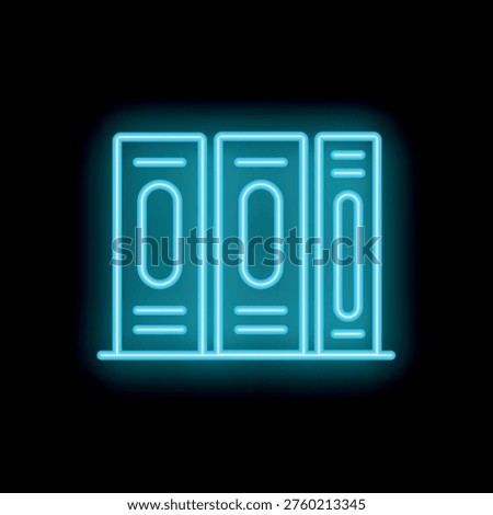 Blue neon office binders icon glowing against a black background
