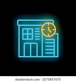 Blue neon office building facade with a clock showing working hours on a black background