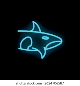 Blue neon orca is swimming in the dark depths of the ocean