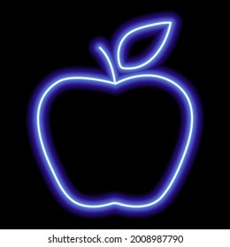 Esbozo azul de neón de una manzana con una hoja sobre un fondo negro. Icono de vector