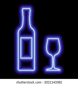 Blue neon outline of a bottle of wine with a label and a glass on a black background. Bar icon. Vector illustration