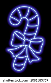 Blue neon outline of christmas lollipop with bow on black background. Vector illustration