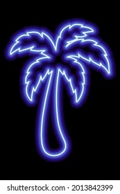 Blauer Neonumriss einer Palme auf schwarzem Hintergrund. Ruhe, Reisen, Urlaub. Vektorsymbol-Illustration