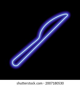 Blue neon outline of a table knife on a black background. Vector illustration