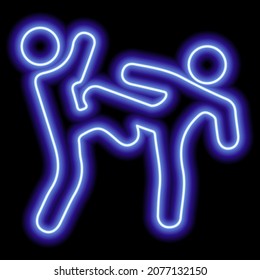 Blue neon outline, two people engaged in freestyle wrestling. Athletes, fight. Vector illustration