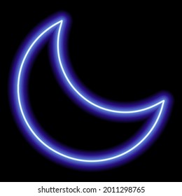 Blue neon outline of the waning moon on a black background. Vector icon illustration