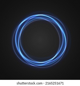 Blue neon ovals or circles for swirl shiny rings light effect. Glow luminous glitter shimmer trail. Curve light effect of blue line. Blurred spiral ring. Bokeh effect. Vector illustration. 