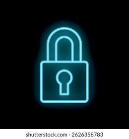 Blue neon padlock illuminating a dark background representing security and data protection