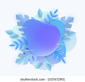 Blue neon paint spots or blobs with exotic leaves and line elements banner for advertising and promotion design the vector illustration isolated on white background.