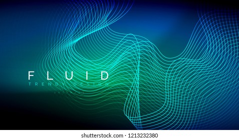 Blue neon particles glowing fluid wave lines, magic energy space light concept, abstract background wallpaper design, vector illustration