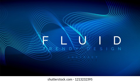 Blue neon particles glowing fluid wave lines, magic energy space light concept, abstract background wallpaper design, vector illustration