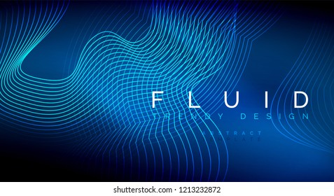 Blue neon particles glowing fluid wave lines, magic energy space light concept, abstract background wallpaper design, vector illustration