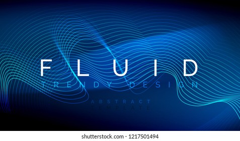 Blue neon particles glowing fluid wave lines, magic energy space light concept, abstract background wallpaper design, vector illustration