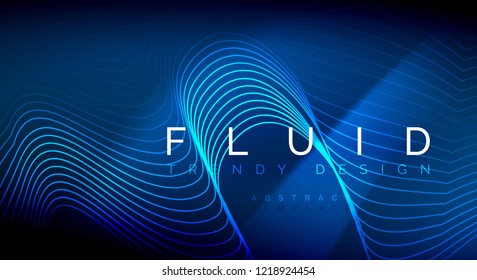 Blue neon particles glowing fluid wave lines, magic energy space light concept, abstract background wallpaper design, vector illustration