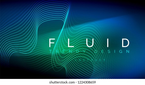 Blue neon particles glowing fluid wave lines, magic energy space light concept, abstract background wallpaper design, vector illustration