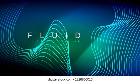 Blue neon particles glowing fluid wave lines, magic energy space light concept, abstract background wallpaper design, vector illustration