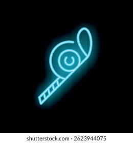 Blue neon party blower is blowing out celebratory noises against a black background