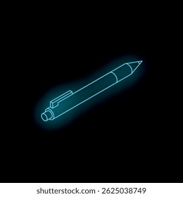 Blue neon pen glowing on black background representing writing, ideas, and creativity