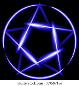 Blue neon pentagram, black background