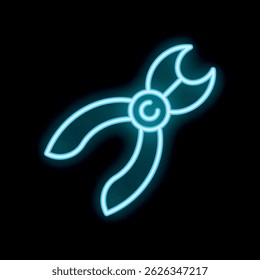 Blue neon pliers glowing on a black background