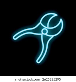 Blue neon pliers icon glowing on a black background, representing tools used in various industries and professions