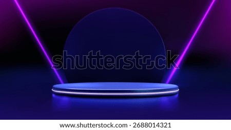 Blue neon podium with circular backdrop and glowing pink laser beams on dark gradient background. Futuristic 3d platform stage illuminated by vibrant electric light effects. Modern minimalist design.