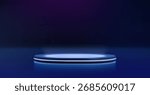 Blue neon podium with glowing circular platform for product showcase or futuristic presentation. Illuminated stage with light strips and gradient background for technology display or award ceremony.