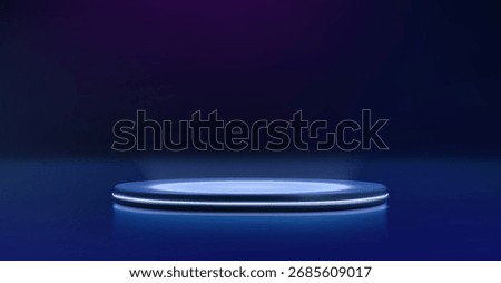 Blue neon podium with glowing circular platform for product showcase or futuristic presentation. Illuminated stage with light strips and gradient background for technology display or award ceremony.