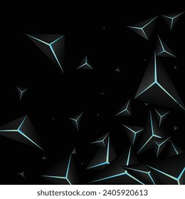 Blue Neon Polygon Background Black Vector. Onyx Facet Art. Triangular Future Card. Dark Mosaic Template.