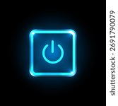 Blue neon power button on black background