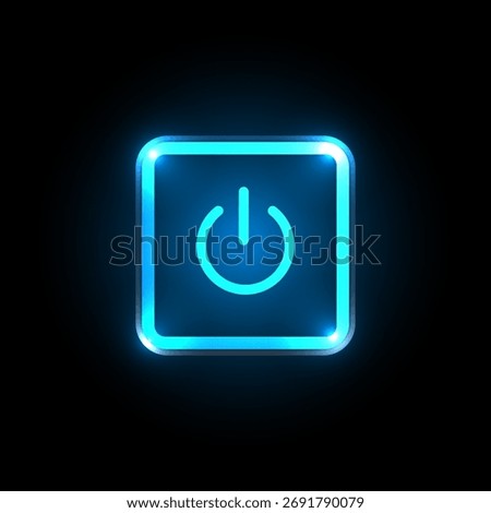 Blue neon power button on black background