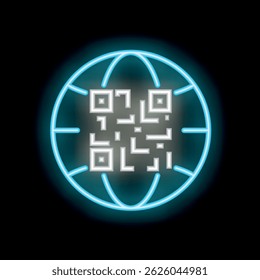 Blue neon qr code inside planet earth icon glowing on black background