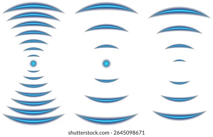 Ondas de radar de neon azul escaneiam espaço aéreo digital invisível.
Pulsos Wi-Fi ondulam com linhas de movimento simétricas precisas. Feixe de som brilha em loop de sonar de digitalização futurista. Fluxo de sinais digitais 