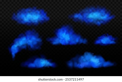 Blue neon realistic clouds. Glowing smoke shining in darkness with transparent overlay effect. Color mist, magic sky design element set. Christmas fluffy snow texture